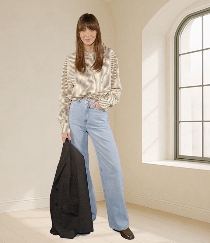 Stylistka Nikola Marková potřebuje kalhoty prodloužené délky, košili se správnou délkou rukávu, tedy klidně o číslo větší, a místo malého saka o číslo větší, nebo střih oversize. 