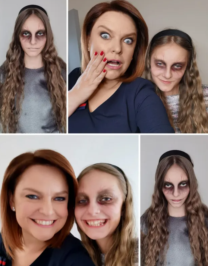 Dagmar Jandová s mladší dcerou Kateřinou, jak ji letos na Halloween nalíčil profesionální vizážista.