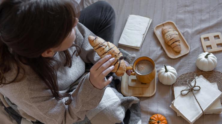 svačina, jídlo, doma, croisant, dýně