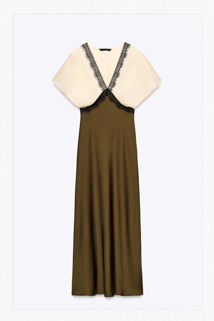 Saténové midi šaty s kontrastní krajkou, Zara, 1199 Kč