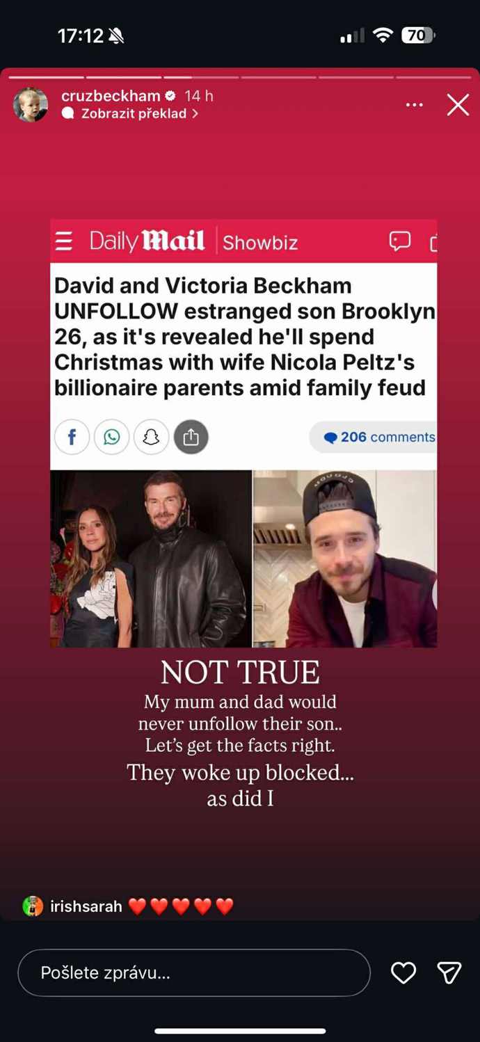 Cruz Beckham se vyjádřil k tomu, že si Brooklyn zablokoval na sociálních sítích nejen svého bratra, ale i rodiče Davida a Victorii Beckham.