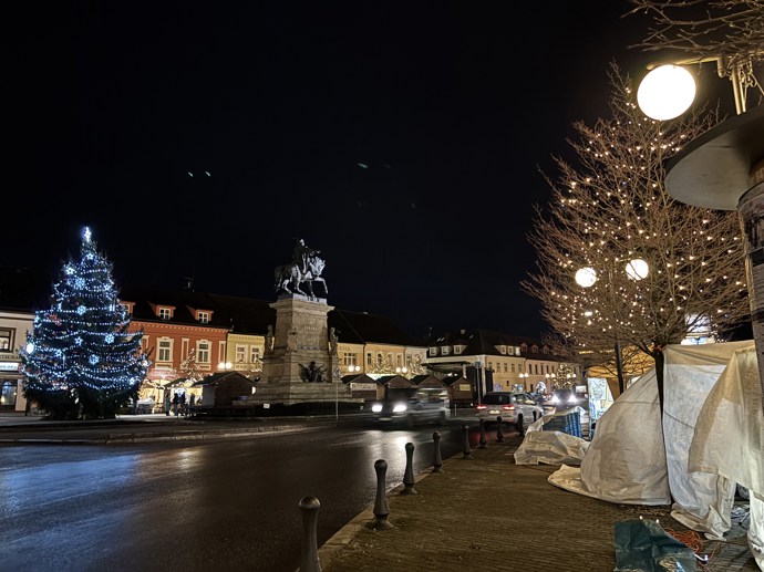 Stromek stojí vedle sochy krále Jiřího.