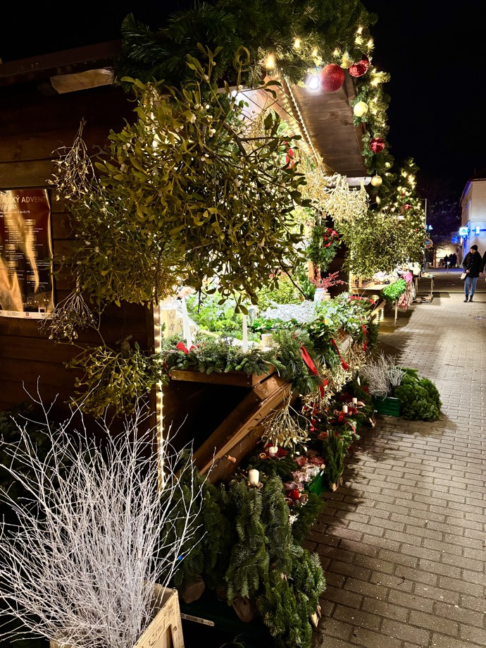 V celozeleném stánku si můžete koupit třeba celý trs jmelí.