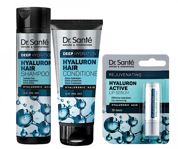 Sada pro hloubkovou hydrataci vlasů  s šamponem hydratační péčí a balzámem na rty s kyselinou hylaluronovou, Dr. Santé, 129 Kč