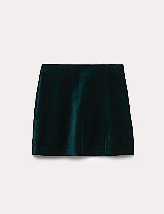 Sametová mini sukně áčkového střihu s vysokým podílem bavlny, Marks&Spencer, 1499 Kč