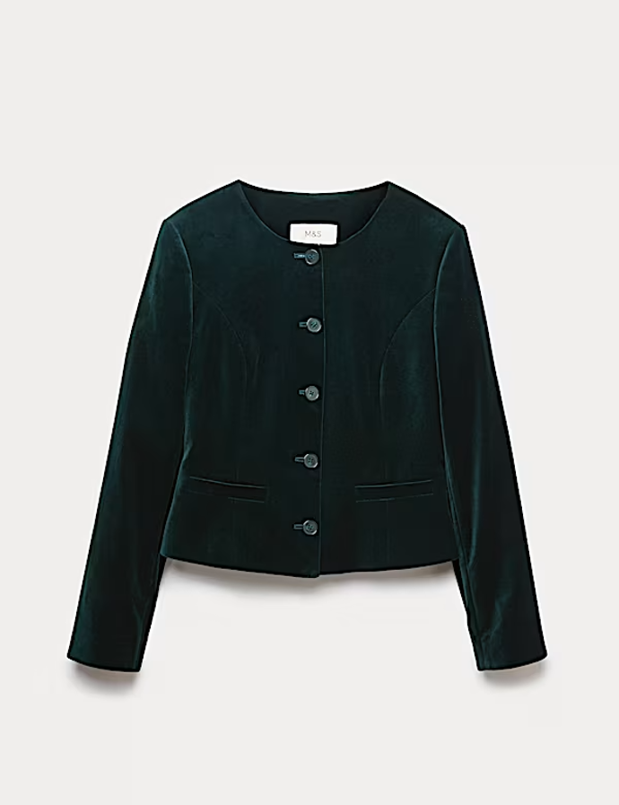 Sametové sako mírně zúženého střihu bez límce a s vysokým obsahem bavlny, Marks&Spencer, 2499 Kč