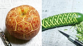 Každý kus vyřezá Gaku za pár minut. Musí – ovoce se rychle kazí.