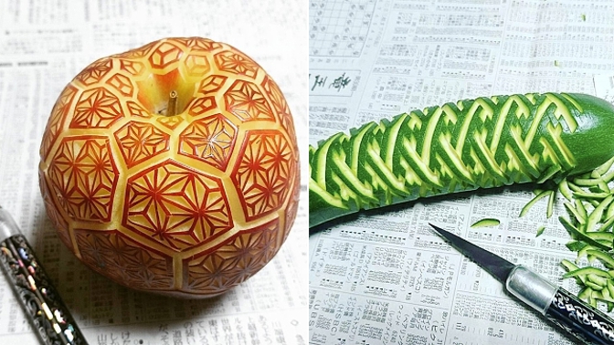 Každý kus vyřezá Gaku za pár minut. Musí – ovoce se rychle kazí.