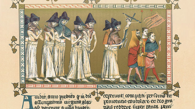 Průvod flagelantů v Belgii roku 1349.