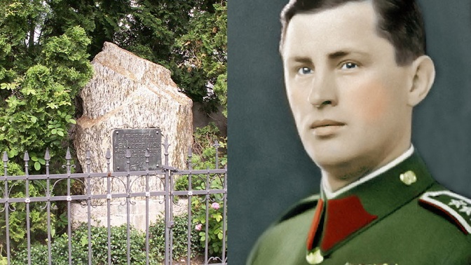 Josef Mašín, člen odbojové skupiny Tři Králové, a jeho památník v Lošanech.