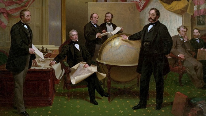 Podpis Aljašské smlouvy. Účastnili se ho R. S. Chew, ministr zahraničí (USA) William H. Seward, William Hunter, pan Bodisco, ruský velvyslanec Baron de Stoeckl, Charles Sumner, Fredrick W. Seward, William H. Seward House, Auburn, New York