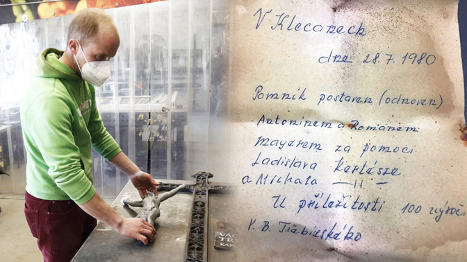 Restaurování křížku V. B. Třebízského v Klecanech. Vzkaz nalezený v základech.