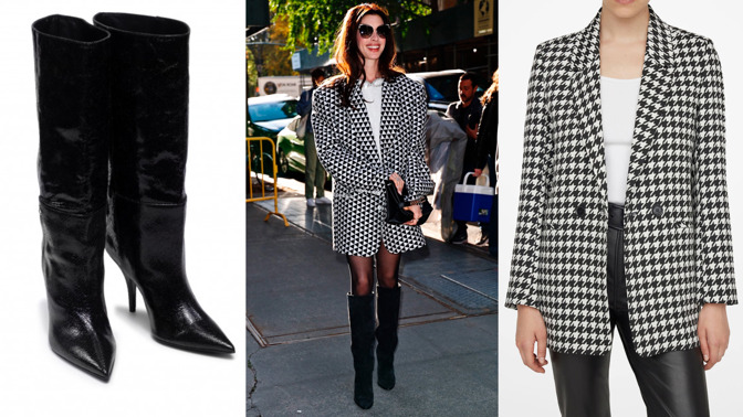 Anne Hathaway předvedla dokonalý podzimní outfit: Oversize sako, svůdné šaty na tělo a maxi brýle