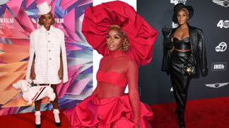 Bizarní módní styl Janelle Monáe, hrdinky filmu Na nože: Kabelky ve tvaru psa a přestrojení za květinu