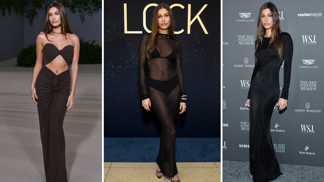 Černé šaty třikrát jinak: Hailey Bieber je rozzářila oranžovými drahokamy, holou kůží i rafinovanými prsteny