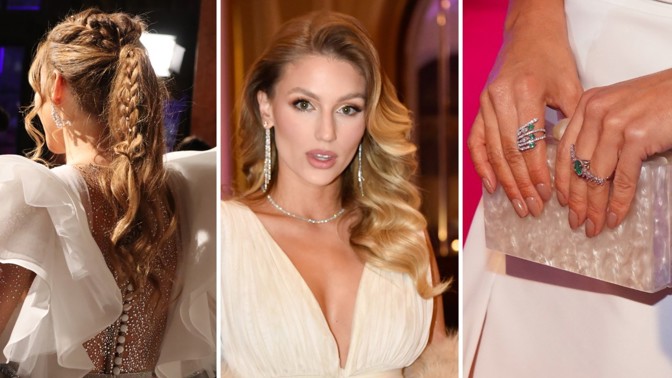 Detaily z plesových outfitů: Verešová s copánky a kamínky, Mališová s vlnami a Kuchařová s luxusními šperky