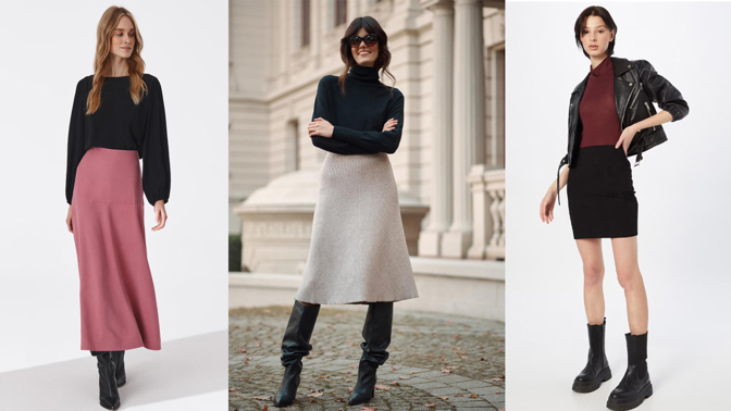 Pletené sukně všech délek a střihů. 