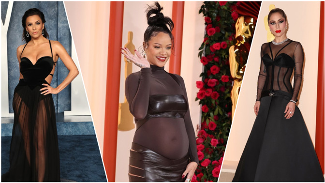 Průhledné modely z Oscarů: Eva Longoria odhalila nohy, Rihanna těhotenské bříško a Lady Gaga pozadí