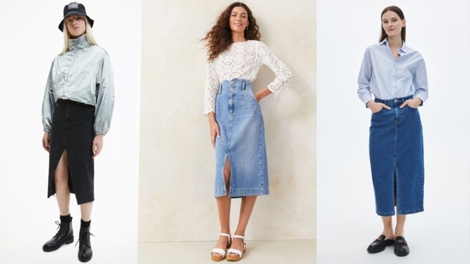 Denimové midi sukně ovládly jaro: Nosí se ty sahající ke kotníkům a v neotřelých provedeních