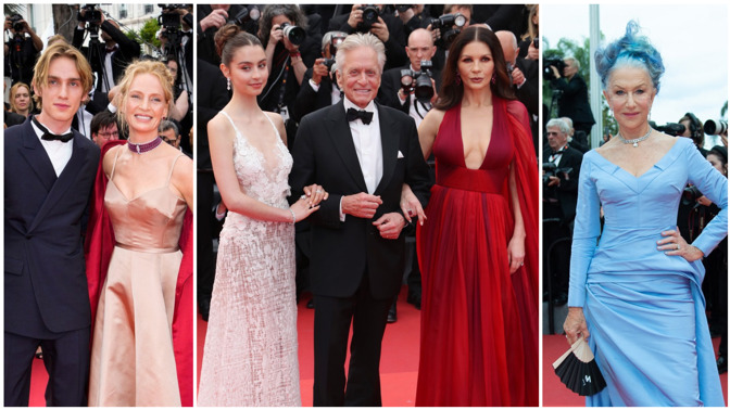 Červený koberec z Cannes: Umu Thurman doprovodil syn, Michaela Douglase dcera. Helen Mirren šokovala modrým účesem