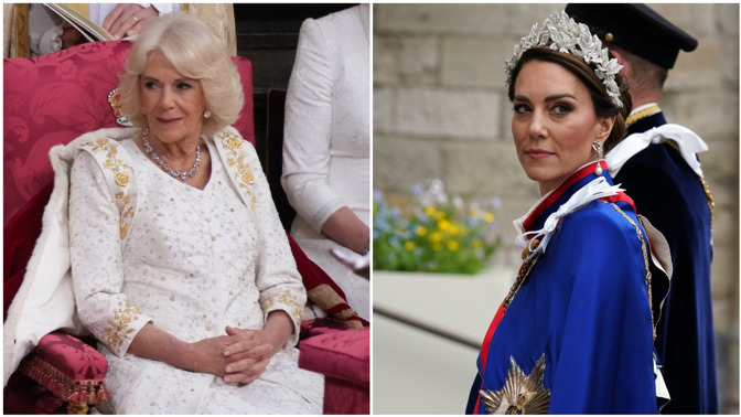 Korunovace krále Karla III.: Zlatem vyšívaná róba královny Camilly, Kate Middleton v bílých šatech od McQueena