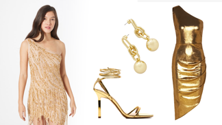 Zlatá horečka léta 2023: Módní trend v barvě drahého kovu na titěrných bikinách i dlouhé róbě