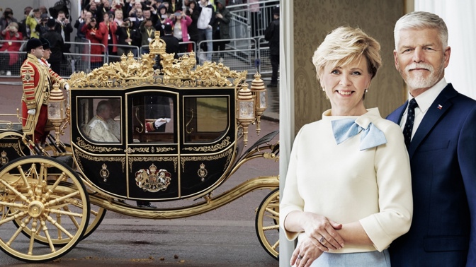 Korunovace krále Karla III.: Eva Pavlová v šeříkové róbě od Beaty Rajské a klobouku české výroby