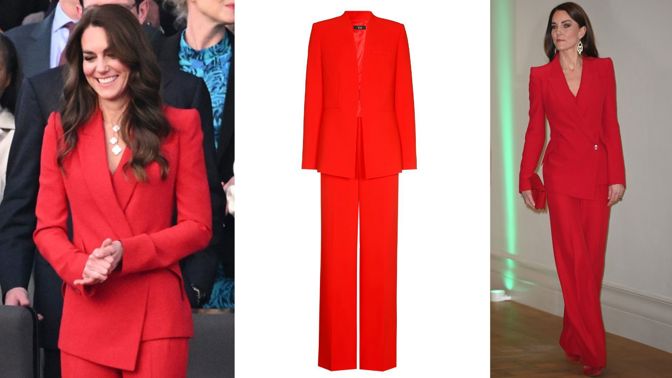 Outfit podle Kate Middleton: Jednobarevné kalhotové kostýmky ovládají jarní trendy