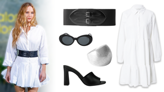 Styl podle herečky Jennifer Lawrence: Bílé košilové šaty doplnila širokým páskem a vykouzlila image holčičky