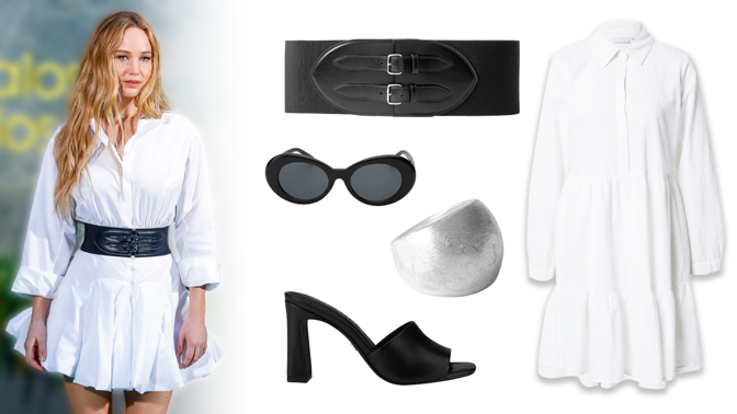 Styl podle herečky Jennifer Lawrence: Bílé košilové šaty doplnila širokým páskem a vykouzlila image holčičky
