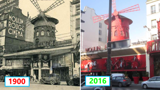 Moulin Rouge v roce 1900 a o více než sto let později.
