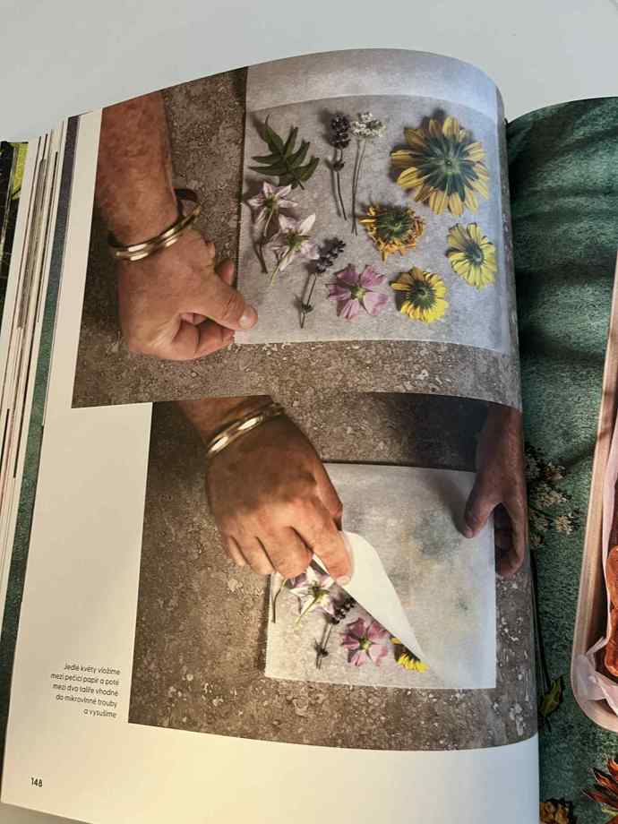 Jedlé květy navrhuje Maršálek vložit mezi pečicí papíry, poté mezi dva talíře vhodné do mikrovlnné trouby, a vysušit. 