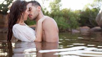 pár, muž, žena, polibek, voda