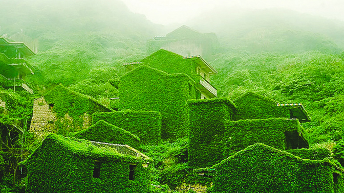 Domy ve vesnici Gouqi jsou hustě pokryté mechem a vinnou révou.