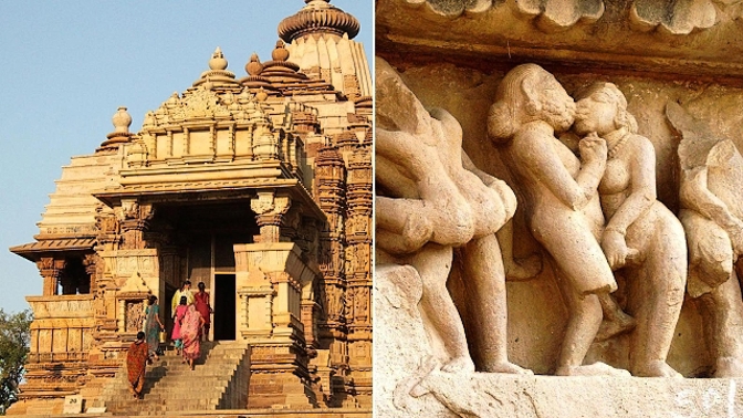 Chrámy sexu v městečku Khajuraho jsou zdobeny odvážnými řezbami.