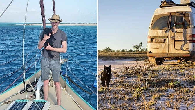 Richarda na jeho toulkách doprovází kočka jménem Willow.