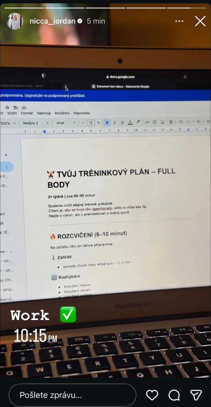 Nica Jordan zveřejnila jeden z svých cvičebních plánů pro klienty.