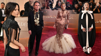 Největší módní úlety za Zlatých Globů: Jenna Ortega jako Vetřelec a metalický Walton Goggins s rozpustilou vázačkou