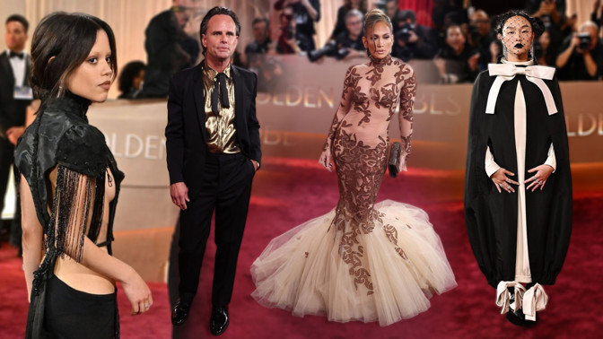Největší módní úlety za Zlatých globů: Jenna Ortega jako Vetřelec a metalický Walton Goggins s rozpustilou vázačkou