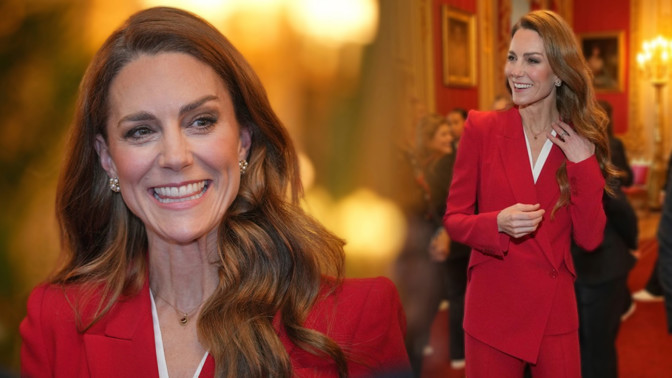 Dokonalý kalhotový kostým Kate Middleton: Vášnivá červená budoucí královnu rozzářila víc než šperky