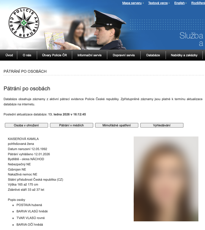 Policie v úterý odpoledne ještě stále pátrala po Kamile Kaiserové. Uváděla, že není nebezpečná.