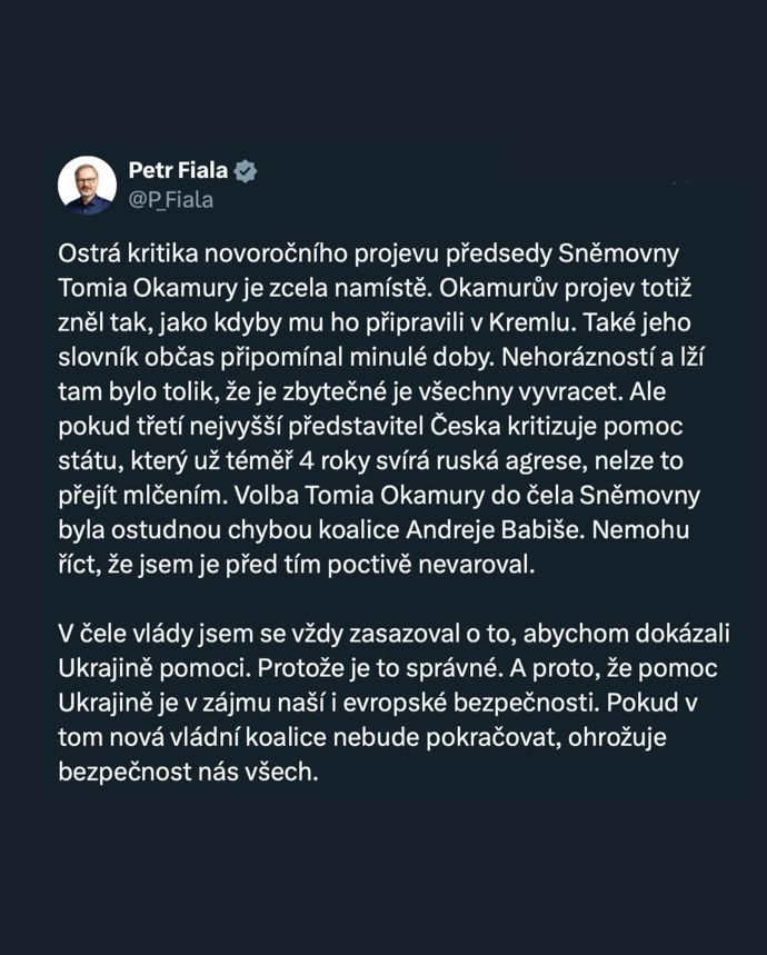 Vyjádření bývalého premiéra šéfa ODS, Petra Fialy.