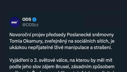 FOTO: ODS se ostře vyhranilo vůči Novoročnímu projevu Tomia Okamury.