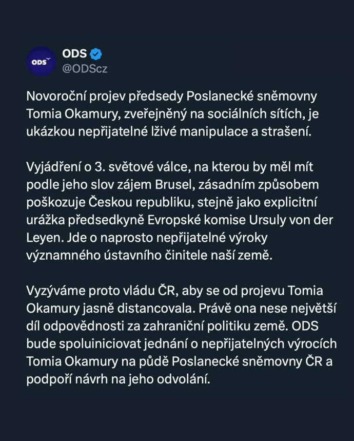 ODS se ostře vyhranilo vůči Novoročnímu projevu Tomia Okamury.
