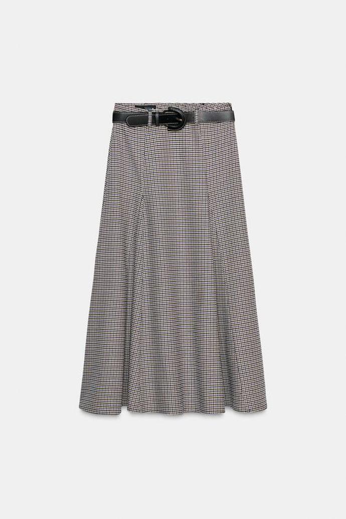 Midi sukně s kostkovaným vzorem a páskem, Zara, 1199 Kč