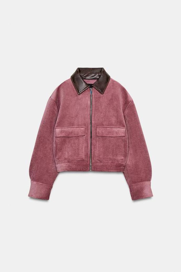 Sametová bunda s límcem s efektem kůže, Zara, 1199 Kč