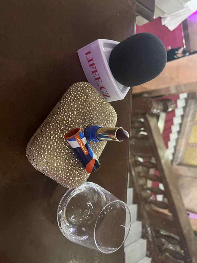 K šatům zvolila Veronika zlaté skořepinové psaníčko, ve kterém nesměla chybět rtěnka v bordó odstínu. 