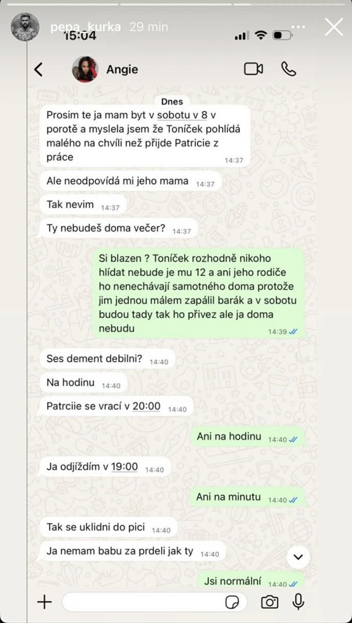 Josef Kůrka zveřejnil konverzaci s Angie Mangombe.