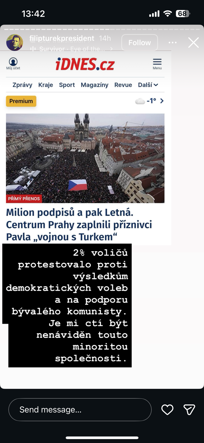 Filip Turek zkritizoval demonstraci na podporu Petra Pavla. 