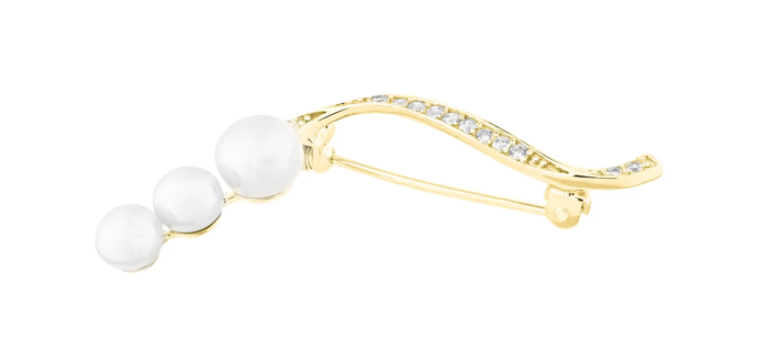 Černý základ ozvláštní i pozlacená brož s perlami a zirkony. Tento kousek je od značky JVD a stojí 1290 Kč.